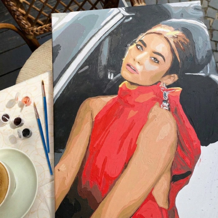 Finished custom paint by numbers artwork of a woman in a red dress, high quality photo to painting conversion.