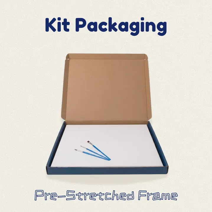 Open kit packaging box showing a paint by numbers canvas pre-stretched on a wooden frame, ready to paint with brushes included.