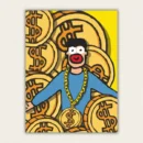 Paint by numbers kit contents including numbered canvas, acrylic paint pots, and brushes for cartoon money art.