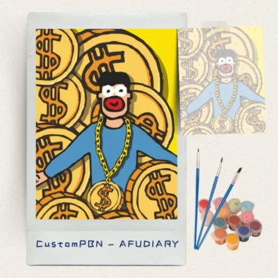 Paint by numbers kit contents including numbered canvas, acrylic paint pots, and brushes for cartoon money art.