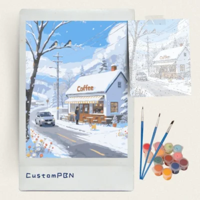 DIY paint by numbers kit including 24 acrylic colors and brushes.