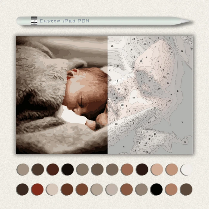 Custom digital paint by numbers template created from a baby photo for iPad.