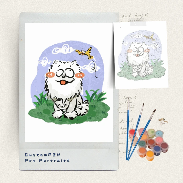 Custom dog paint by numbers canvas, cute white dog cartoon illustration kit.