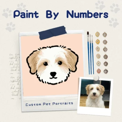 Custom paint by numbers kit showing a fluffy dog photo turned into a painting, includes brushes and paints.