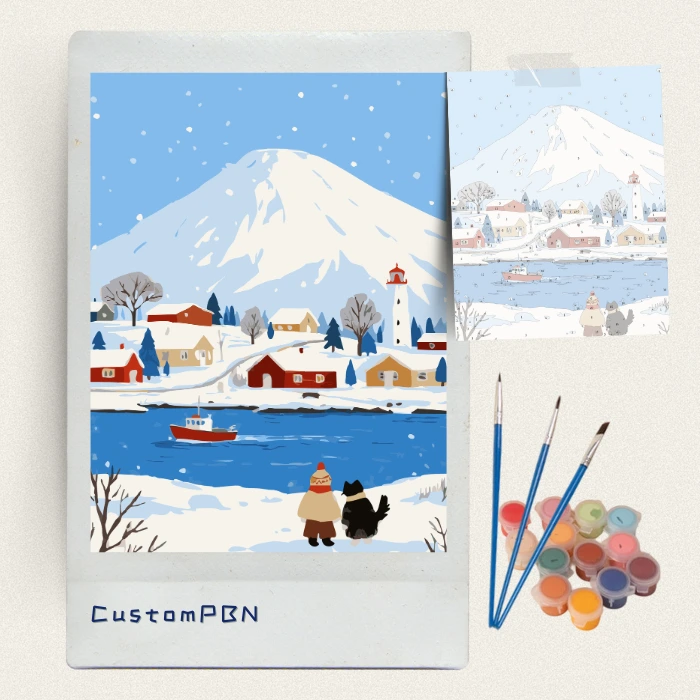 Paint by numbers kit with brushes, acrylic paints, and numbered canvas guide.