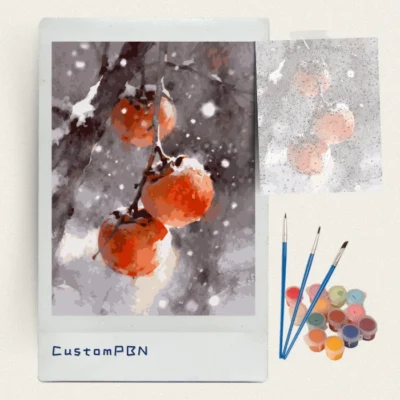 DIY paint by numbers kit for winter persimmons including canvas, acrylic paint pots, and brushes