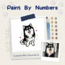 Custom paint by numbers kit featuring a smiling husky dog portrait with brushes and paints.
