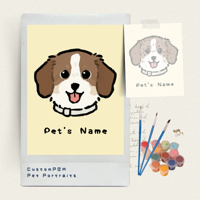 Finished custom pet paint by numbers canvas of a brown and white dog with numbered painting guide.
