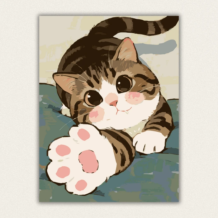 Adorable big-eyed tabby cat reaching out its paw paint by numbers.