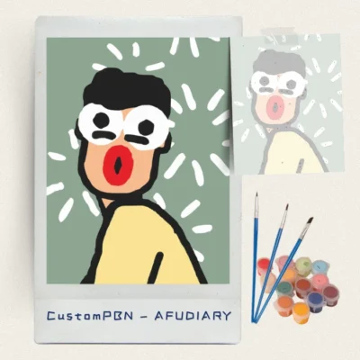 Complete paint by numbers kit including a pre-printed canvas of a funny cartoon face, three paint brushes, and a set of numbered acrylic paint pots.