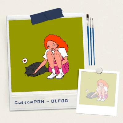 Paint by numbers kit supplies showing brushes, finished artwork of a girl and cat, and reference photo.