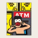 Full paint by numbers kit including numbered canvas of ATM man, three paintbrushes, and acrylic paint pots set.