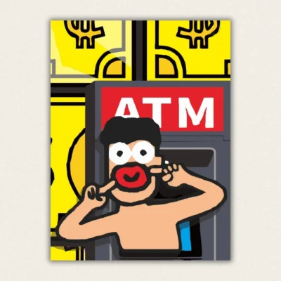 Full paint by numbers kit including numbered canvas of ATM man, three paintbrushes, and acrylic paint pots set.