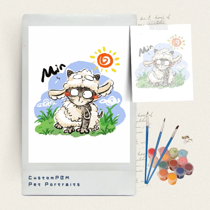 Funny custom cat paint by numbers art, cartoon style pet portrait with acrylic paints.