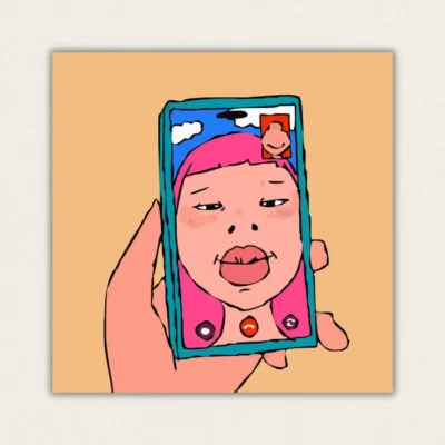 Close-up of a completed paint by numbers canvas showing a funny pink-haired girl making a face on a video call screen.