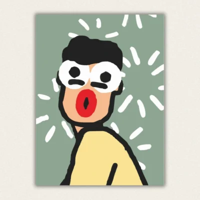 Finished DIY paint by numbers artwork featuring a quirky cartoon character with a shocked expression and wide eyes on a green background.