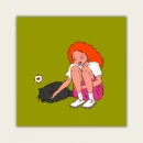 Illustration of a girl with orange hair squatting to pet a black cat - DIY paint by numbers canvas art.