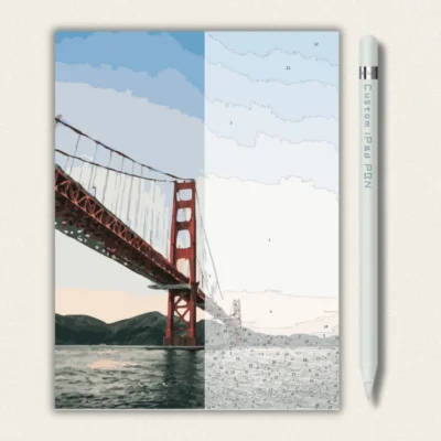 Digital paint by numbers template of Golden Gate Bridge displayed on iPad.