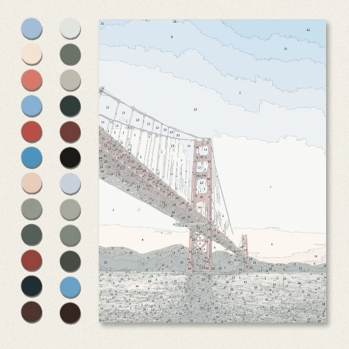 Digital color palette and numbered pattern for Golden Gate Bridge iPad art.