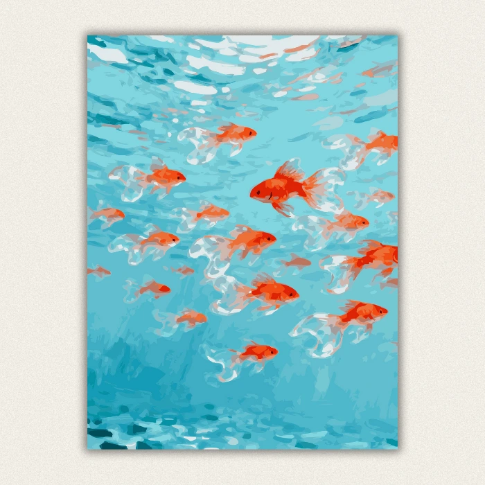 School of orange goldfish swimming underwater DIY oil painting
