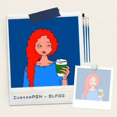 DIY paint by numbers kit layout showing a red-haired girl painting, including paintbrushes and canvas preview.