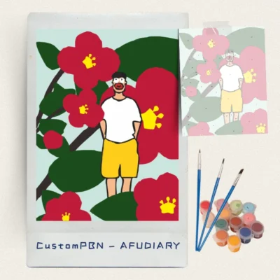 Complete paint by numbers kit including numbered reference guide, acrylic paint pots, and three brushes.