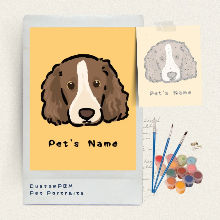 Close up of a custom dog paint by numbers art piece, brown and white puppy illustration.