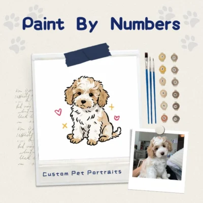 DIY paint by number dog portrait example showing a cute poodle puppy and painting supplies.