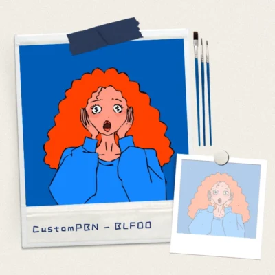 DIY paint by numbers kit featuring a surprised anime-style girl with dollar signs in her eyes, orange curly hair, including brushes and number guide.