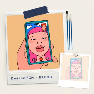 DIY paint by numbers kit flatlay featuring a quirky cartoon girl video call portrait, including brushes and reference photo.