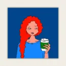 Paint by numbers illustration of a girl with bright curly red hair holding a takeaway coffee cup, blue background.