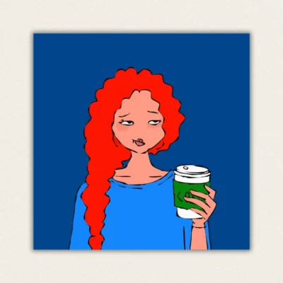 Paint by numbers illustration of a girl with bright curly red hair holding a takeaway coffee cup, blue background.
