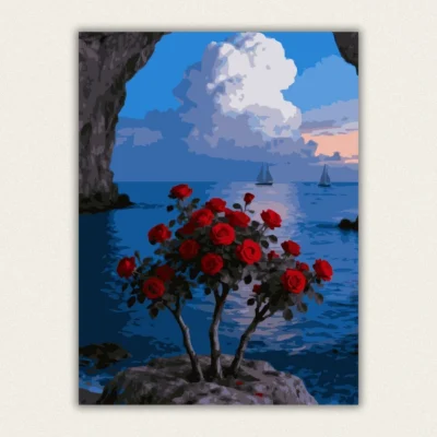 Romantic red roses by the sea at sunset paint by numbers kit.
