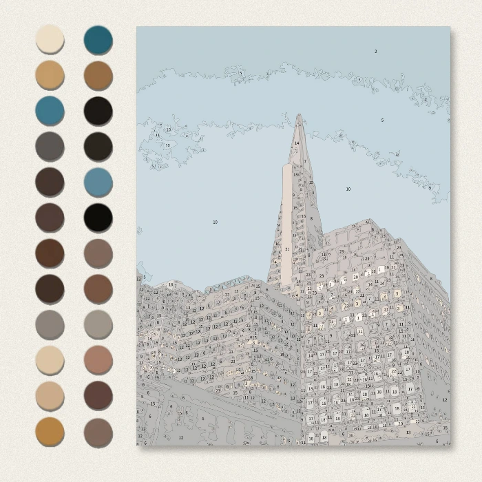 Numbered outline layer for San Francisco cityscape digital paint by numbers.