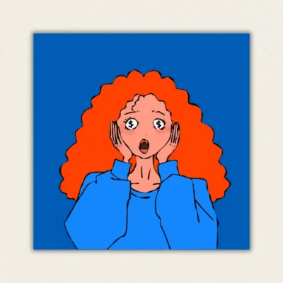 Close-up of a finished paint by numbers artwork showing a cartoon girl in a blue shirt with shock expression and money symbols in eyes.