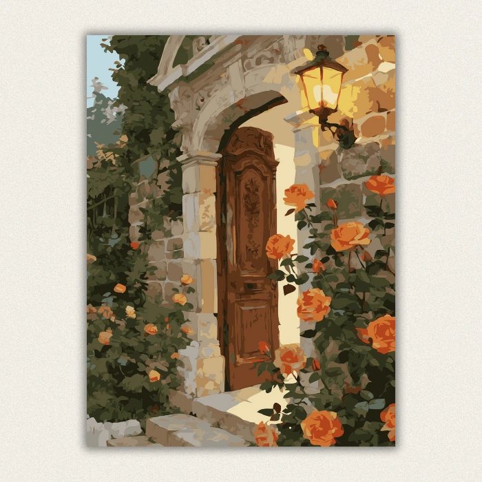 Vintage wooden door with orange roses DIY paint by numbers