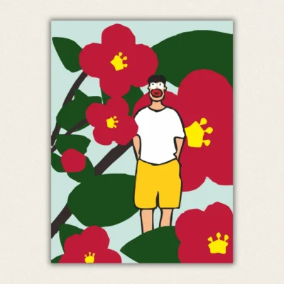 DIY paint by numbers art featuring a whimsical cartoon man surrounded by large red flowers on blue background.