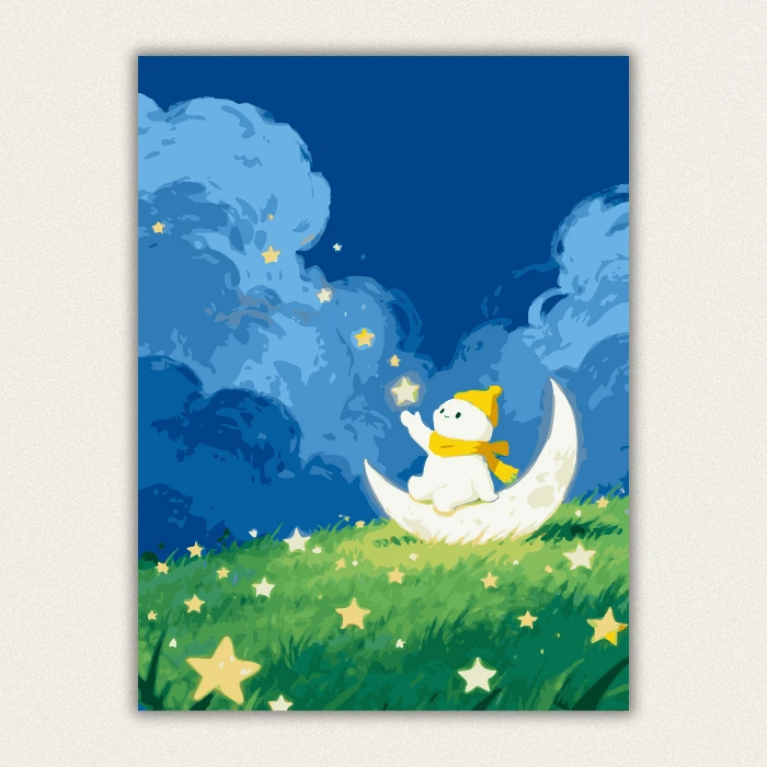 Cute character sitting on moon catching stars paint by numbers