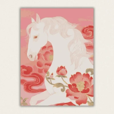 Majestic white horse with pink peonies paint by numbers