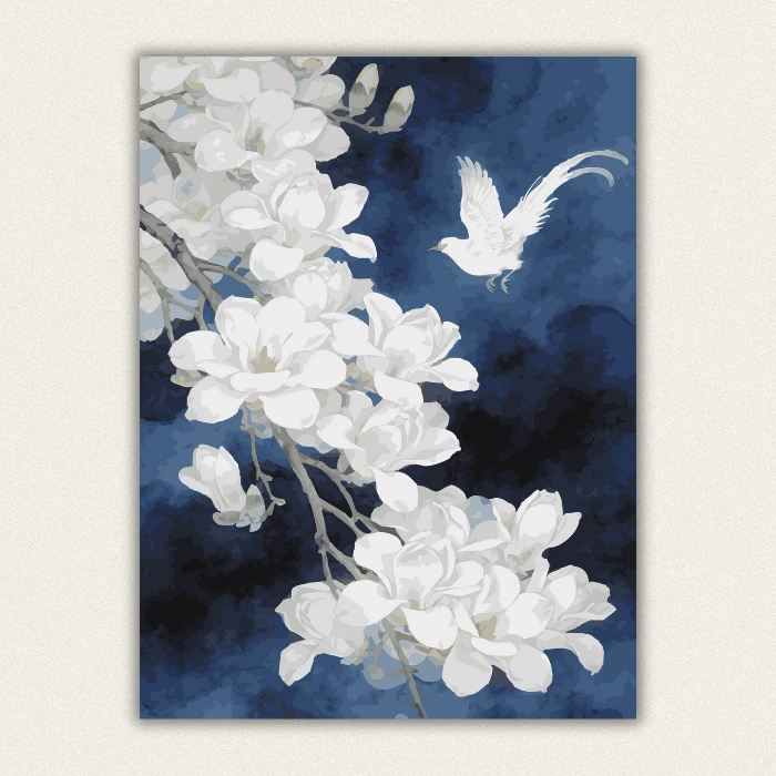 White magnolia flowers and flying bird paint by numbers kit