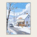 Cozy winter coffee shop in snow paint by numbers with a Shiba Inu.