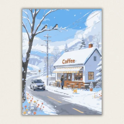Cozy winter coffee shop in snow paint by numbers with a Shiba Inu.