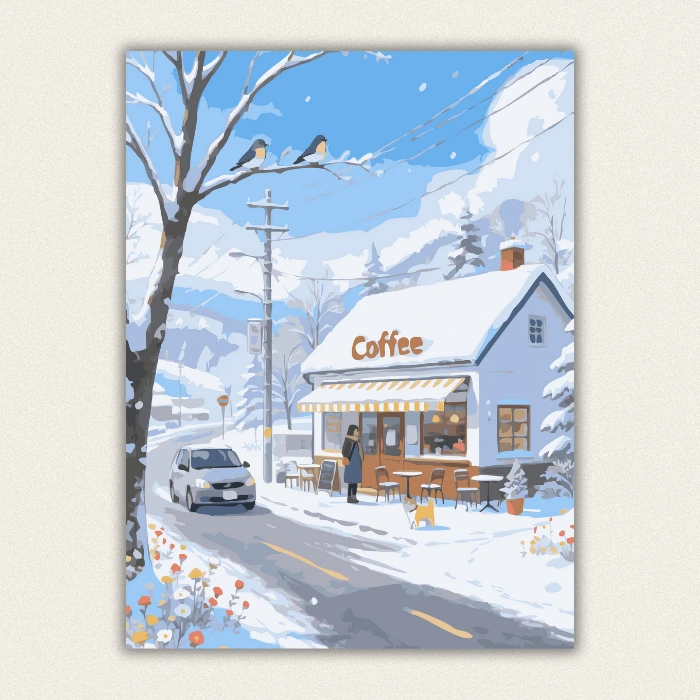 Cozy winter coffee shop in snow paint by numbers with a Shiba Inu.