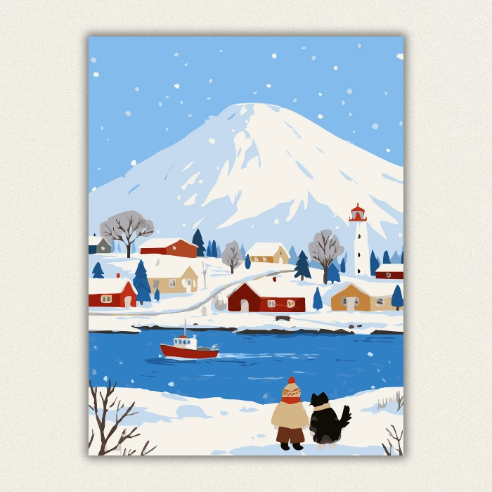 Cozy winter village at the foot of Mount Fuji paint by numbers kit.