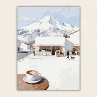 Snowy mountain cafe paint by numbers kit with coffee cup