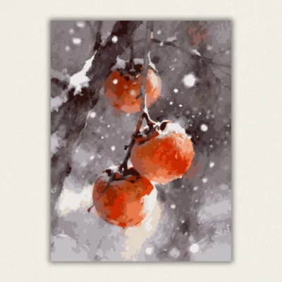 Finished paint by numbers painting of orange persimmons on a tree branch covered in snow