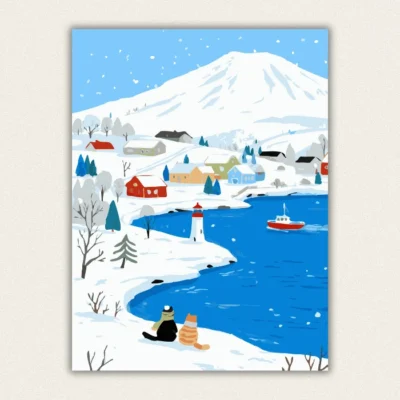 Two cats looking at snowy mountain and lighthouse paint by numbers kit