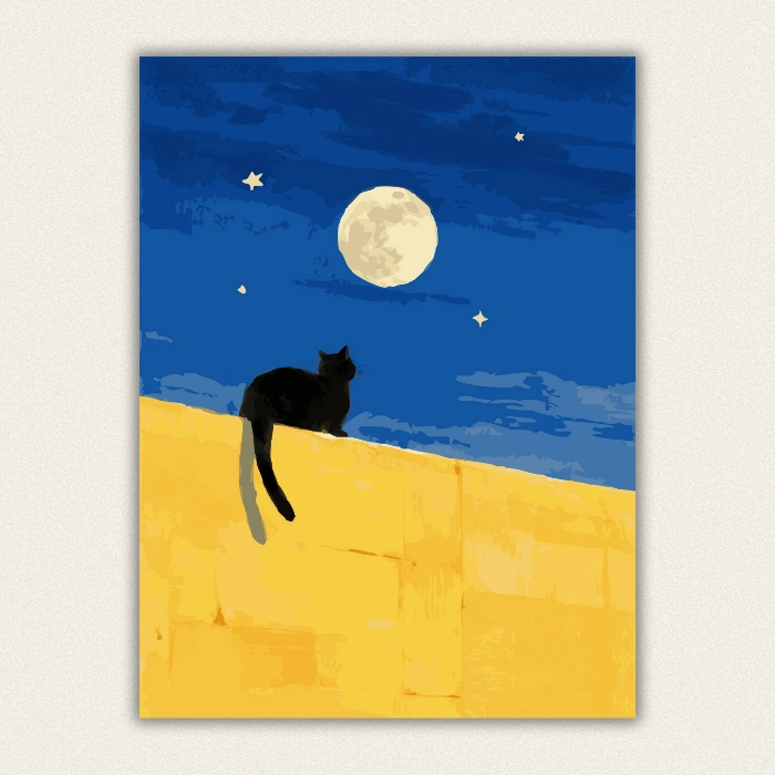 Finished painting of a black cat sitting on a yellow wall gazing at a full moon in a starry blue sky.