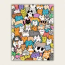 Vibrant doodle art painting featuring a crowded collage of funny, colorful cats with various expressions.