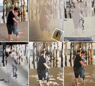 Progress collage of a custom paint by numbers kit from CustomPBN, showing a couple kissing on the beach. Steps include original photo, outlined canvas, work in progress, and the finished acrylic painting.